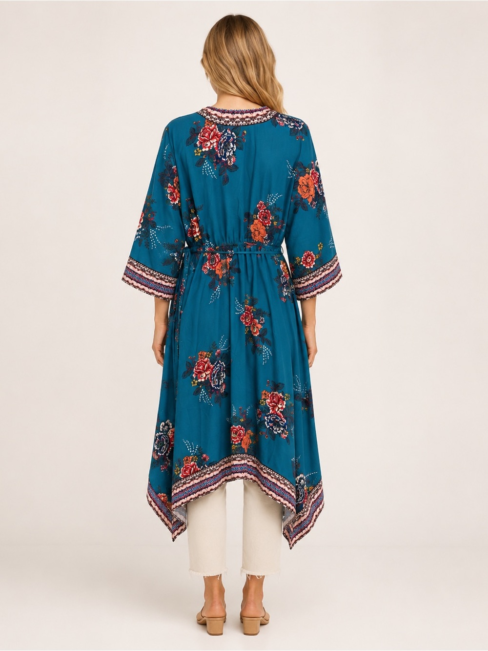 Flying Tomato L Teal Floral Boho Duster Kimono High Low Tie Waist - Picture 6 of 6